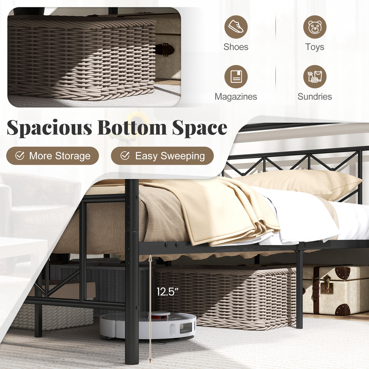 Platform Bed with High Headboard and Snap Lock Metal Slats-King Size