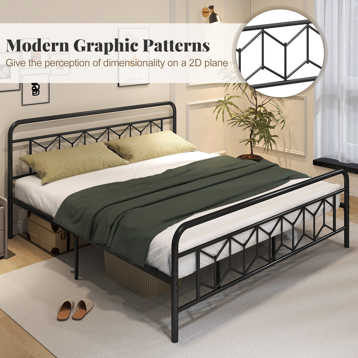 Platform Bed with High Headboard and Snap Lock Metal Slats-King Size