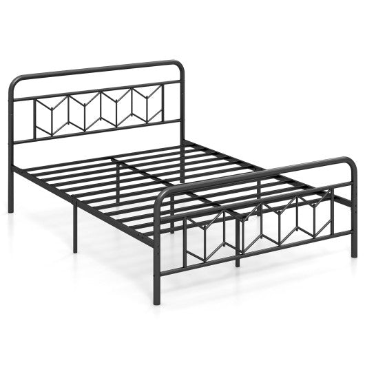 Platform Bed with High Headboard and Snap Lock Metal Slats-Queen Size