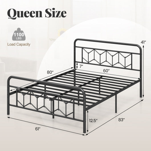 Platform Bed with High Headboard and Snap Lock Metal Slats-Queen Size