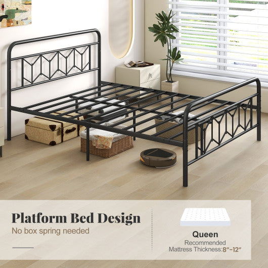 Platform Bed with High Headboard and Snap Lock Metal Slats-Queen Size
