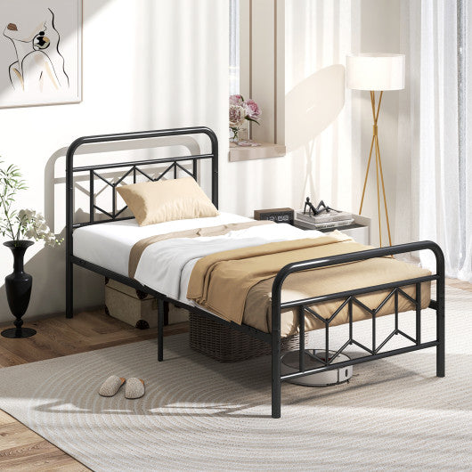 Platform Bed with High Headboard and Snap Lock Metal Slats-Twin Size