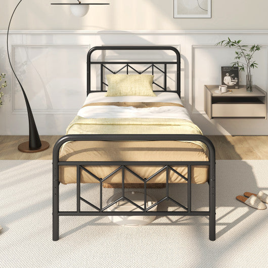 Platform Bed with High Headboard and Snap Lock Metal Slats-Twin Size