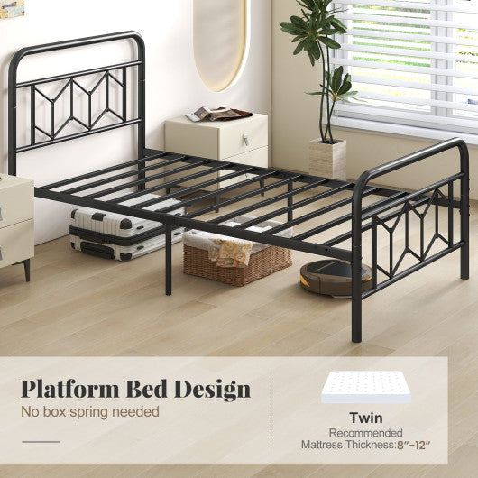 Platform Bed with High Headboard and Snap Lock Metal Slats-Twin Size