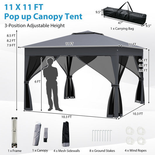 11 X 11 FT Pop Up Gazebo with Mesh Netting and Double Roof-Gray