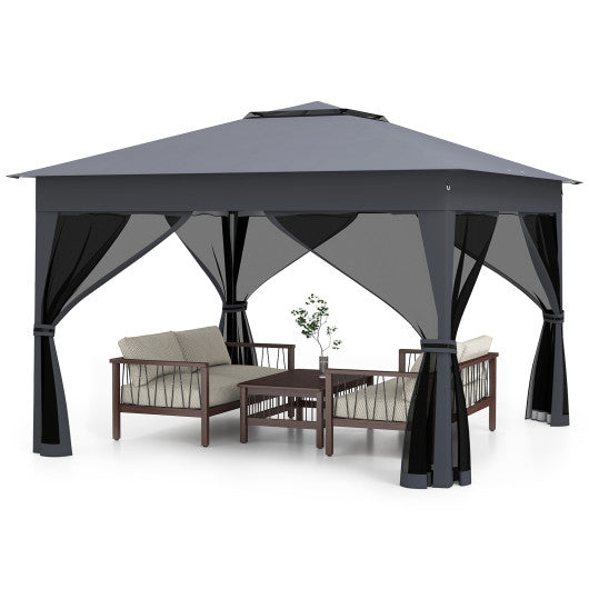 11 X 11 FT Pop Up Gazebo with Mesh Netting and Double Roof-Gray