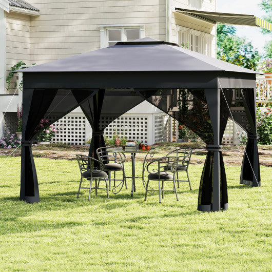 11 X 11 FT Pop Up Gazebo with Mesh Netting and Double Roof-Gray