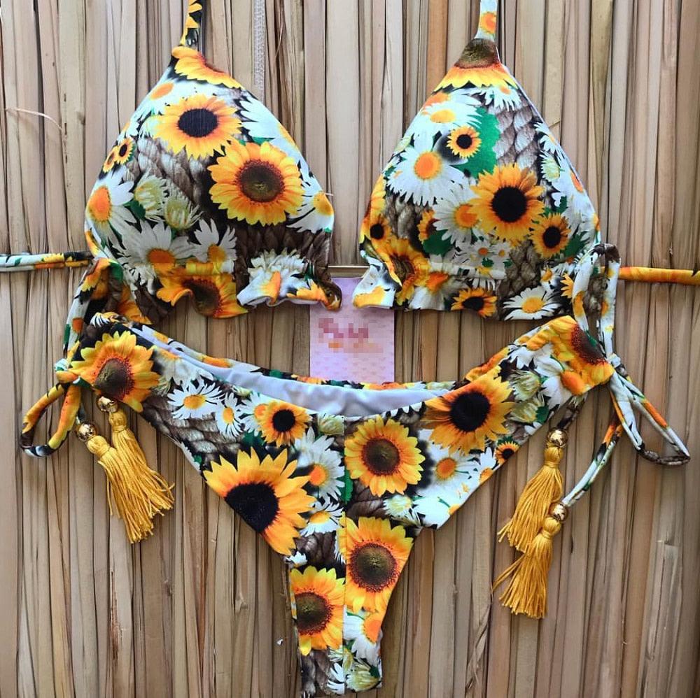 Popular Women's Beachwear Bikini Set Swimwear Push-Up Padded Swimsuit Floral Bikini Set Low Rise Ruffled Two Pieces Swimsuit Push Up Bathing Suit Swimwear