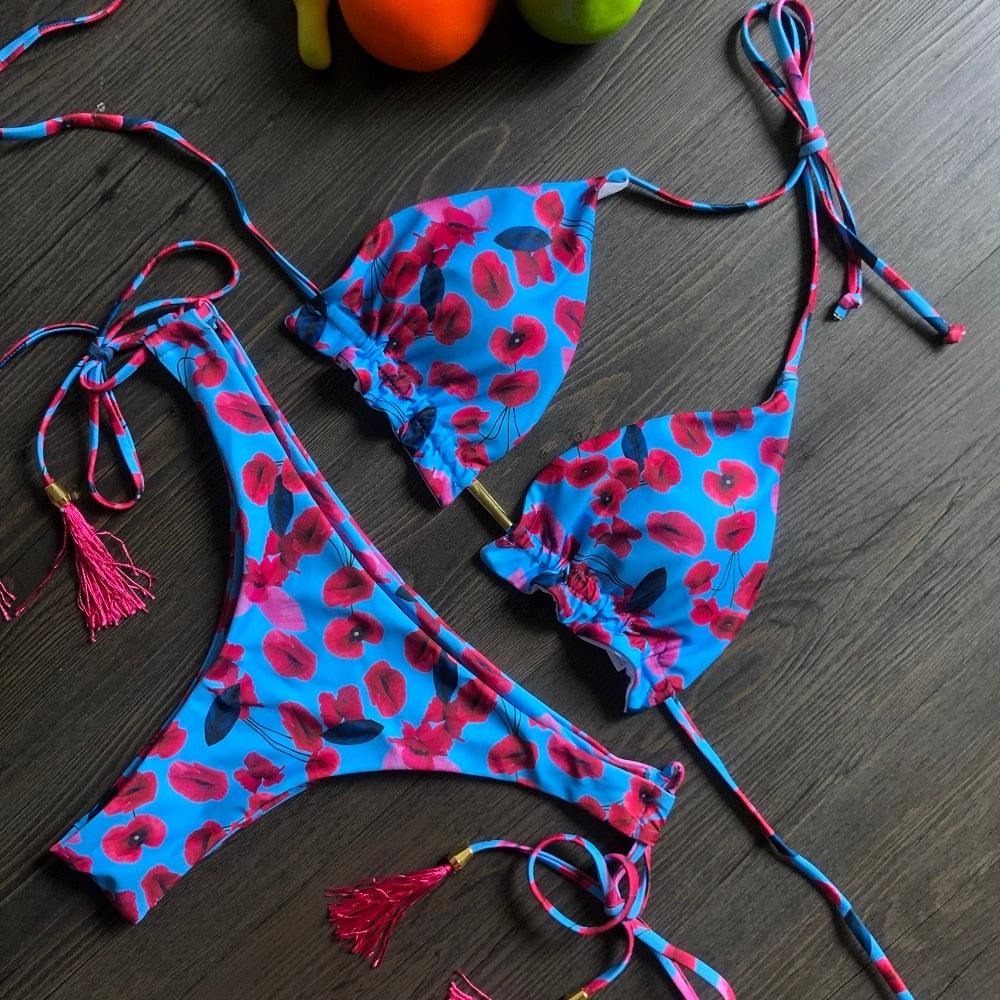 Popular Women's Beachwear Bikini Set Swimwear Push-Up Padded Swimsuit Floral Bikini Set Low Rise Ruffled Two Pieces Swimsuit Push Up Bathing Suit Swimwear