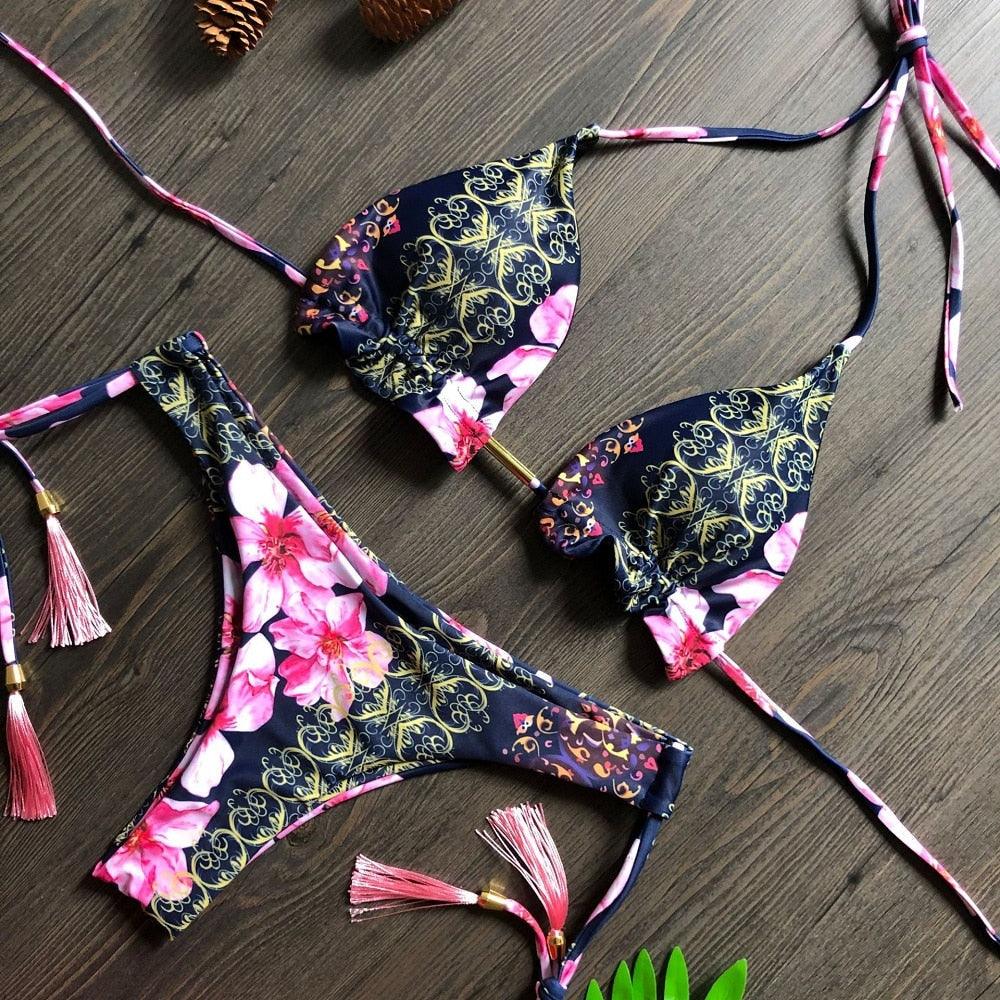 Popular Women's Beachwear Bikini Set Swimwear Push-Up Padded Swimsuit Floral Bikini Set Low Rise Ruffled Two Pieces Swimsuit Push Up Bathing Suit Swimwear
