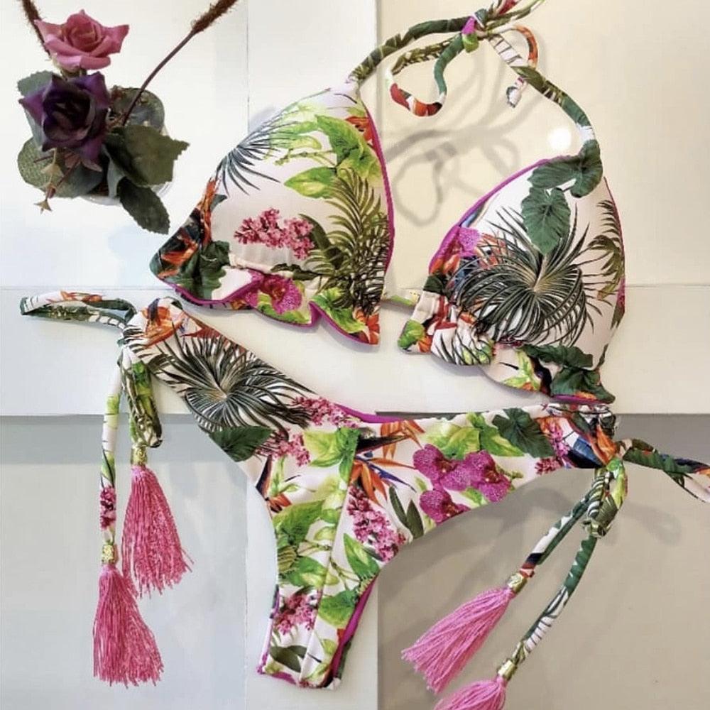 Popular Women's Beachwear Bikini Set Swimwear Push-Up Padded Swimsuit Floral Bikini Set Low Rise Ruffled Two Pieces Swimsuit Push Up Bathing Suit Swimwear