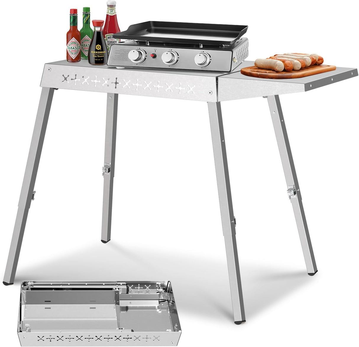Portable Grill Prep Table with Adjustable and Folding Legs, 304 Stainless Steel BBQ Grill Stand for Tabletop Griddle and Pizza Oven T0124SA
