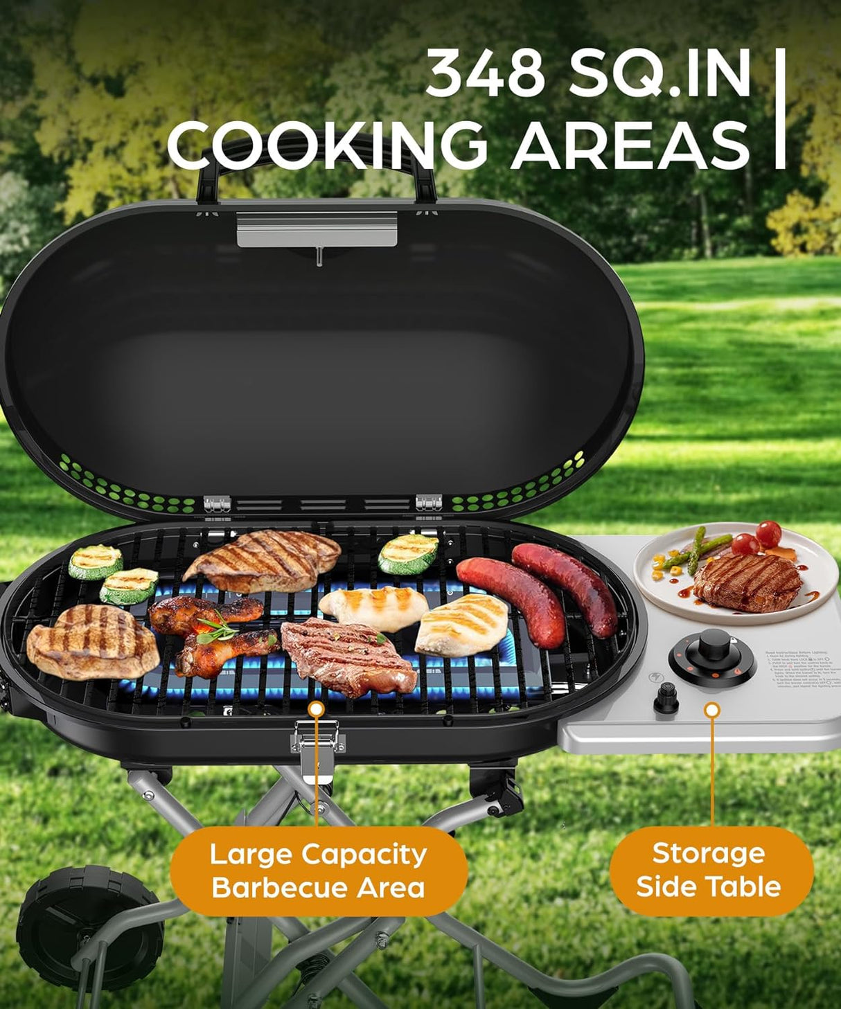 Portable Propane Gas Grill, 15000BTUS, 348 SQ Inch Cooking Areas, for Outdoor Camping/Tailgating/Picnic, Black