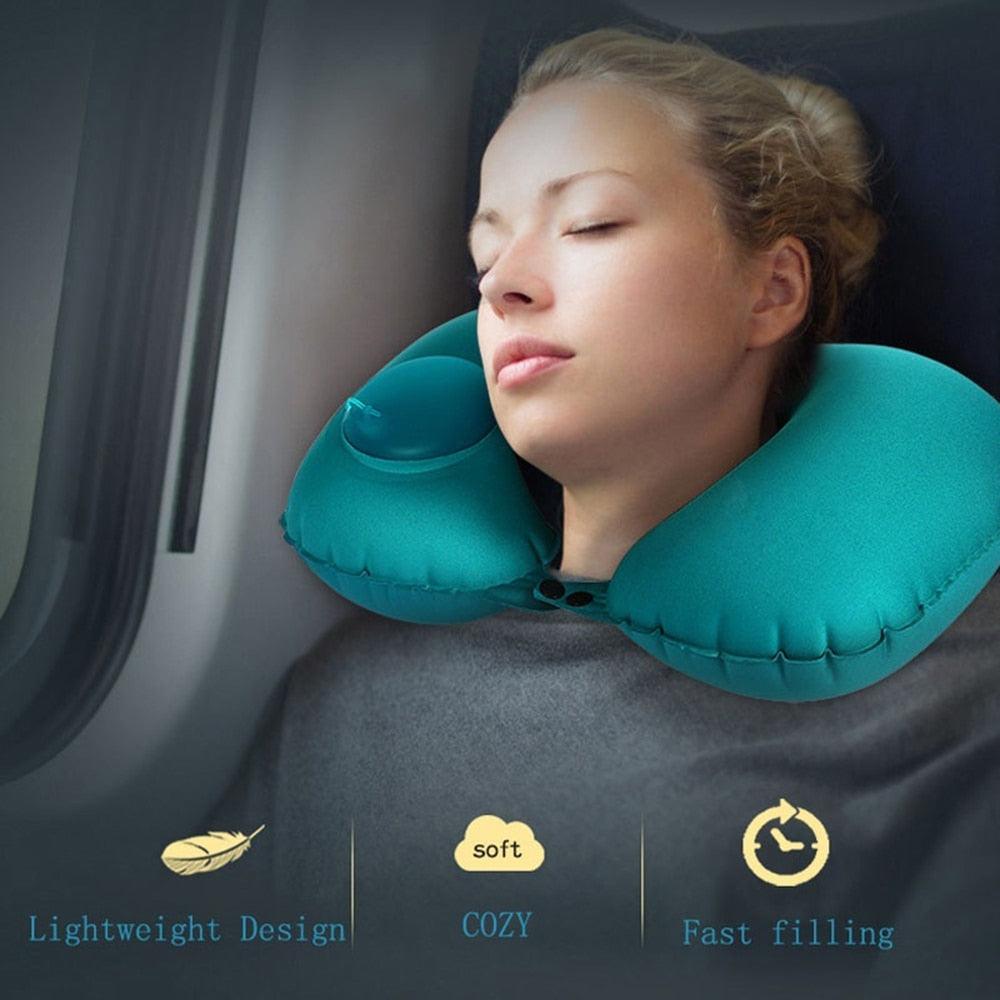 Portable U-Shape Inflatable Travel Pillow Car Head Rest Air Cushion for Travel Office Nap Head Rest Air Cushion Neck Pillow Inflatable Travel Neck Pillows Hand Press U-Shaped Headrest Cushion Compressible Ergonomic Inflating Pillows for Neck Support