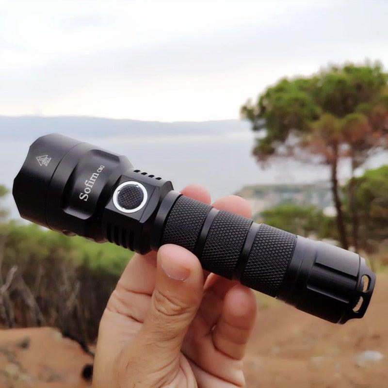 Powerful Flashlight Rechargeable Waterproof Searchlight Powerful Long Beam Distance LED Super Bright Flashlight Cree Torch with Ramping Indicator USB Charger Super Bright Torch Best For Hiking Hunting Camping Outdoor Sport