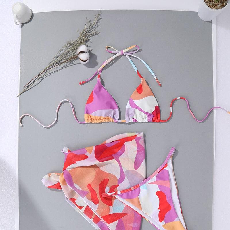 Print Swimsuit 3 Piece Mesh Bikini Set Women's Ribbed Floral Bikini Set Tie Side Swimsuit Cover Ups Daisy Butterfly Print Three Piece Bikini Swimwear Triangle Micro Bikini String Halter Swimwear Women Low Waist Bathing Suit