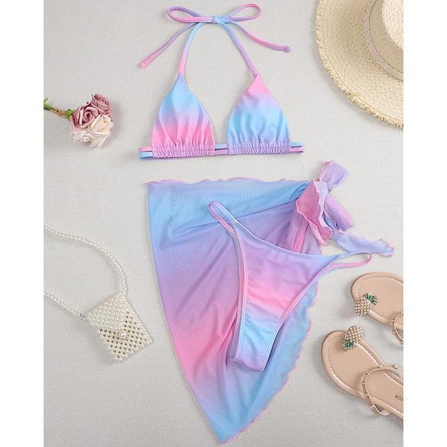 Print Swimsuit 3 Piece Mesh Bikini Set Women's Ribbed Floral Bikini Set Tie Side Swimsuit Cover Ups Daisy Butterfly Print Three Piece Bikini Swimwear Triangle Micro Bikini String Halter Swimwear Women Low Waist Bathing Suit