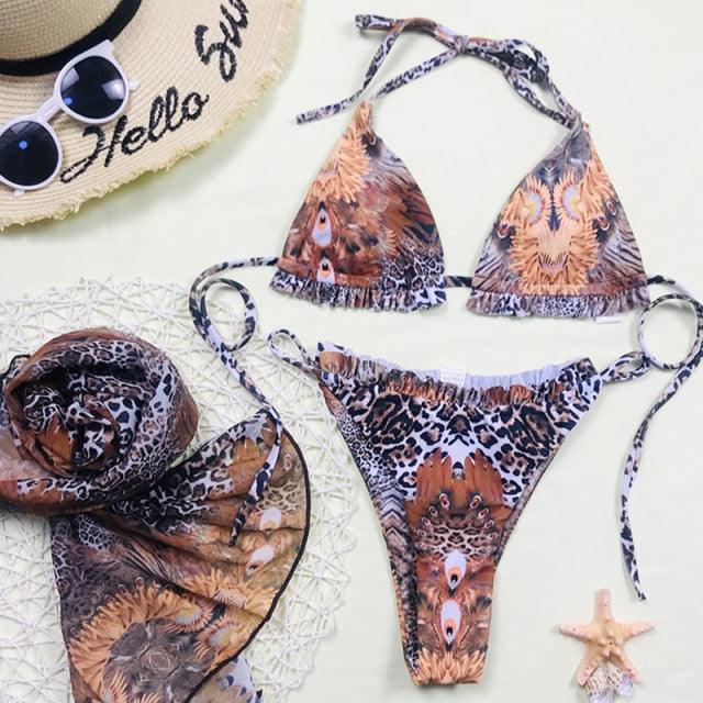 Print Swimsuit 3 Piece Mesh Bikini Set Women's Ribbed Floral Bikini Set Tie Side Swimsuit Cover Ups Daisy Butterfly Print Three Piece Bikini Swimwear Triangle Micro Bikini String Halter Swimwear Women Low Waist Bathing Suit