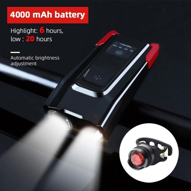 4000mAh Bicycle Front Light Set USB Rechargeable Smart Headlight With Horn 800 Lumen LED Bicycle Light Set USB Rechargeable Super Bright Bike Headlight