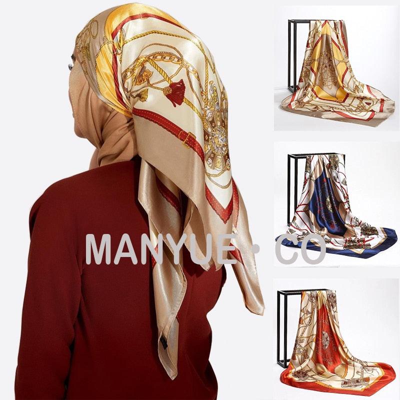 Luxury Long Soft Square Silk Scarves Lightweight Elegant Satin Silk Soft Head Wrap Escharpe Hijab Scarf Muslim Female Silky Shawls Wrap Hair Head Scarves Bandanna For Women 90*90cm