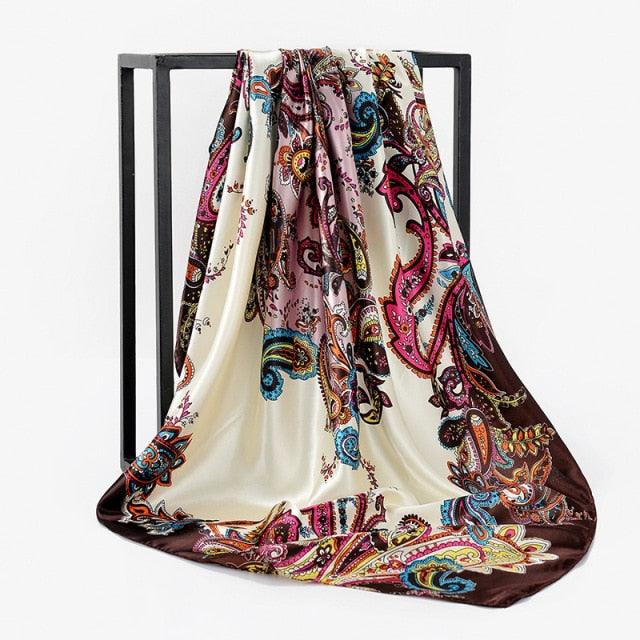Luxury Long Soft Square Silk Scarves Lightweight Elegant Satin Silk Soft Head Wrap Escharpe Hijab Scarf Muslim Female Silky Shawls Wrap Hair Head Scarves Bandanna For Women 90*90cm