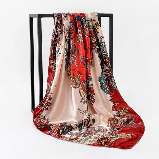 Luxury Long Soft Square Silk Scarves Lightweight Elegant Satin Silk Soft Head Wrap Escharpe Hijab Scarf Muslim Female Silky Shawls Wrap Hair Head Scarves Bandanna For Women 90*90cm