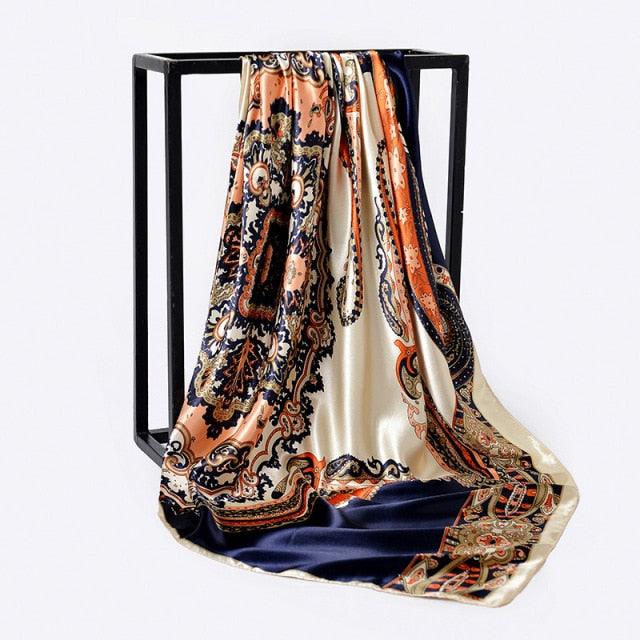 Luxury Long Soft Square Silk Scarves Lightweight Elegant Satin Silk Soft Head Wrap Escharpe Hijab Scarf Muslim Female Silky Shawls Wrap Hair Head Scarves Bandanna For Women 90*90cm
