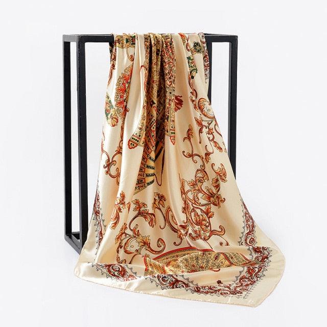 Luxury Long Soft Square Silk Scarves Lightweight Elegant Satin Silk Soft Head Wrap Escharpe Hijab Scarf Muslim Female Silky Shawls Wrap Hair Head Scarves Bandanna For Women 90*90cm