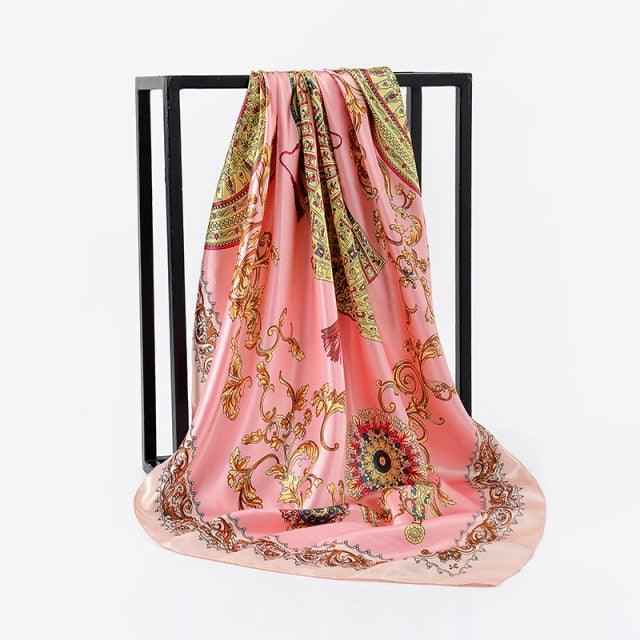 Luxury Long Soft Square Silk Scarves Lightweight Elegant Satin Silk Soft Head Wrap Escharpe Hijab Scarf Muslim Female Silky Shawls Wrap Hair Head Scarves Bandanna For Women 90*90cm