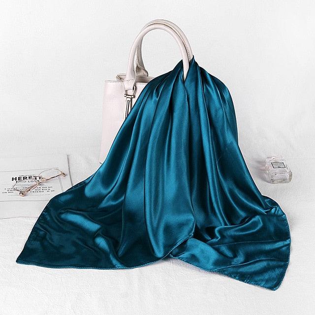 Luxury Long Soft Square Silk Scarves Lightweight Elegant Satin Silk Soft Head Wrap Escharpe Hijab Scarf Muslim Female Silky Shawls Wrap Hair Head Scarves Bandanna For Women 90*90cm