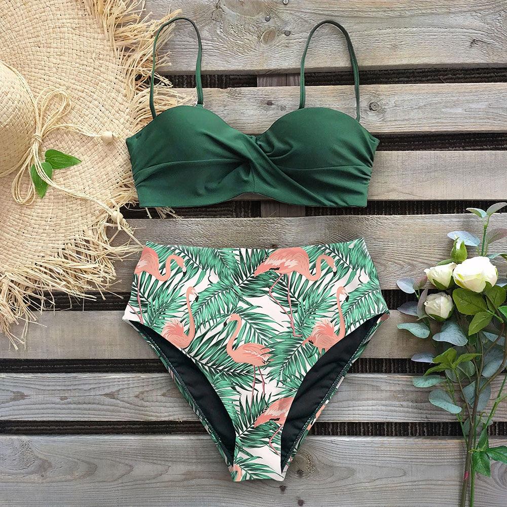 High Waist Bikini Set Women Bikini Flower Swimwear Women High Waist Bikini Halter Two Piece Bathing Suits Tummy Control Swimsuit Push Up Swimwear Vintage Halter Neck Swimsuit Female Green Bathing Suit