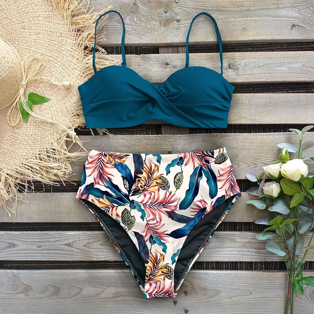 High Waist Bikini Set Women Bikini Flower Swimwear Women High Waist Bikini Halter Two Piece Bathing Suits Tummy Control Swimsuit Push Up Swimwear Vintage Halter Neck Swimsuit Female Green Bathing Suit
