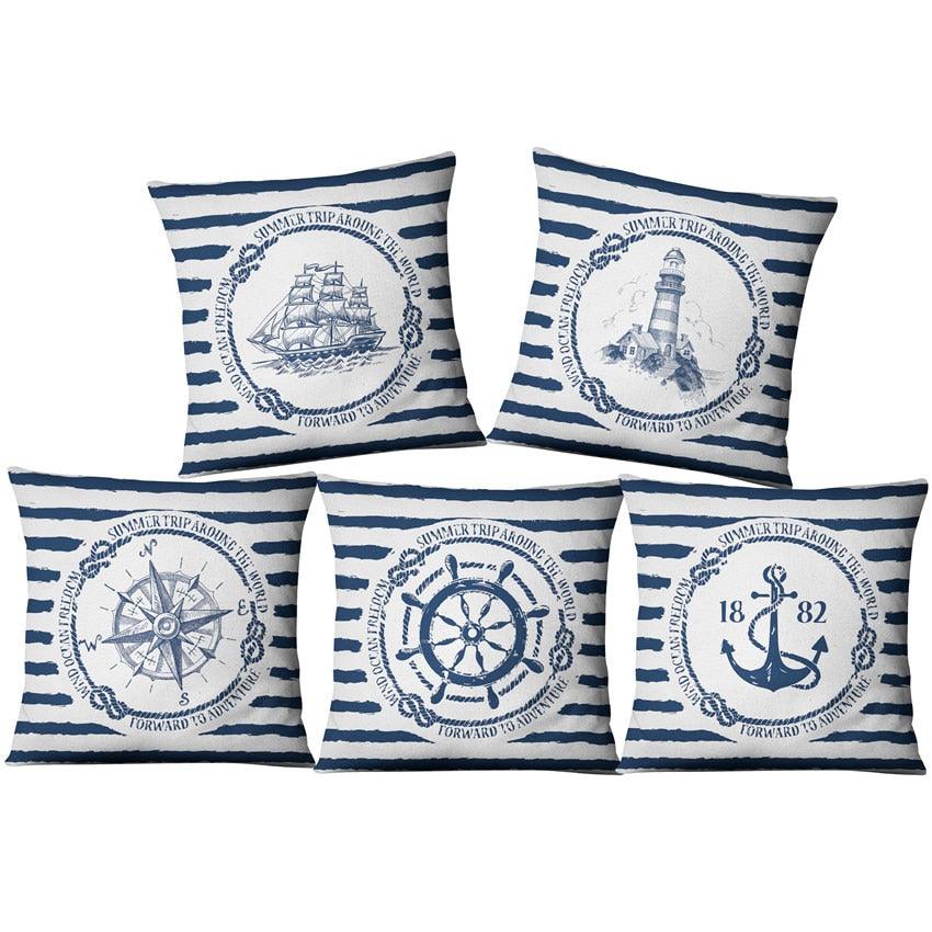 Navigation Navy Blue Nautical Shell Starfish Linen Pillow Cover Blue Anchor Navigation Anchor Sailboat Pillowcase Marine Cushion Cover Sofa Home Decorative Cushion Cover For Home