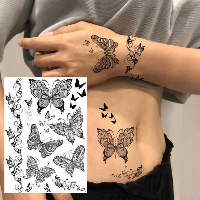 53 Sheets Black Lace Temporary Tattoos Sticker Butterfly Flower Fake Tatoo Sticker Sexy Black Henna Temporary Tattoos For Women