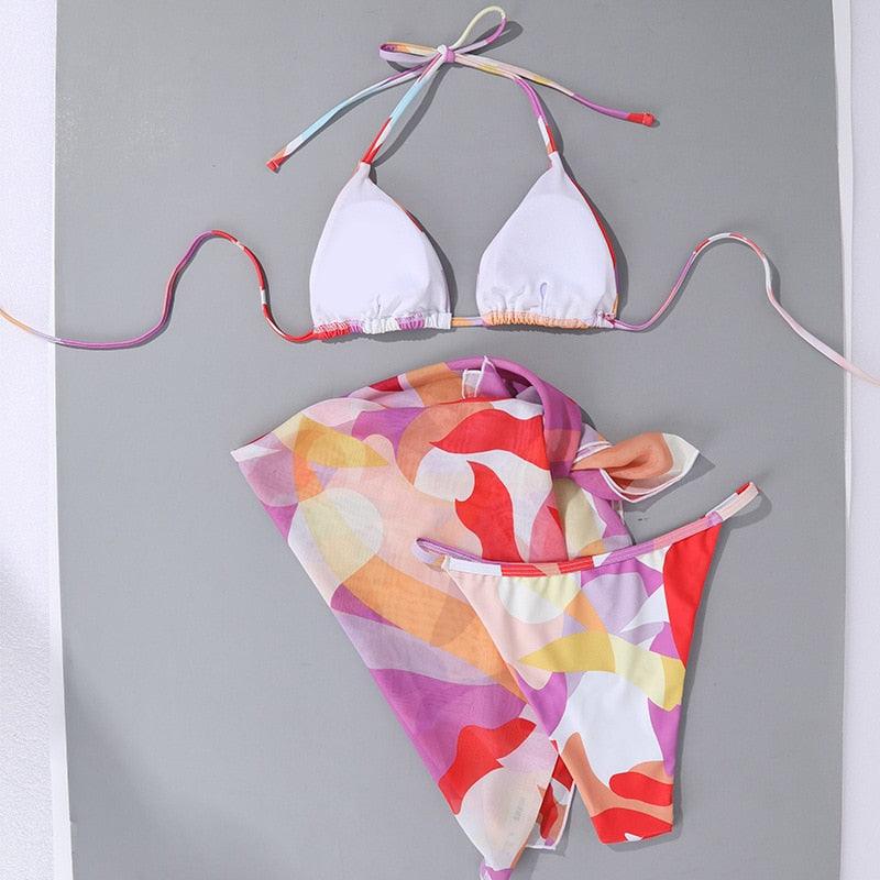 Print Swimsuit 3 Piece Mesh Bikini Set Women's Ribbed Floral Bikini Set Tie Side Swimsuit Cover Ups Daisy Butterfly Print Three Piece Bikini Swimwear Triangle Micro Bikini String Halter Swimwear Women Low Waist Bathing Suit