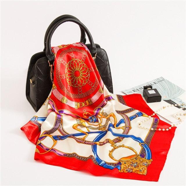 Luxury Long Soft Square Silk Scarves Lightweight Elegant Satin Silk Soft Head Wrap Escharpe Hijab Scarf Muslim Female Silky Shawls Wrap Hair Head Scarves Bandanna For Women 90*90cm