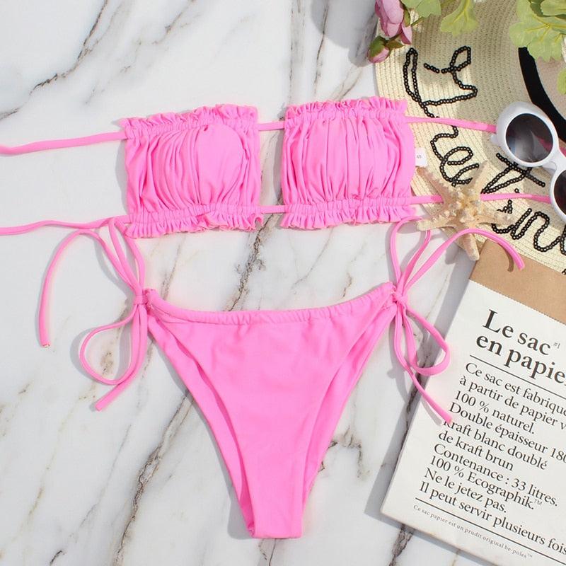 Bikini Women Swimsuit Female Low Waist Swimwear Women Beach Mini Thong Bikini Set Bathing Suit Women Thong Swimsuits Strapless 2 Piece Bikini String Tie Ruffle Brazilian Bathing Suit