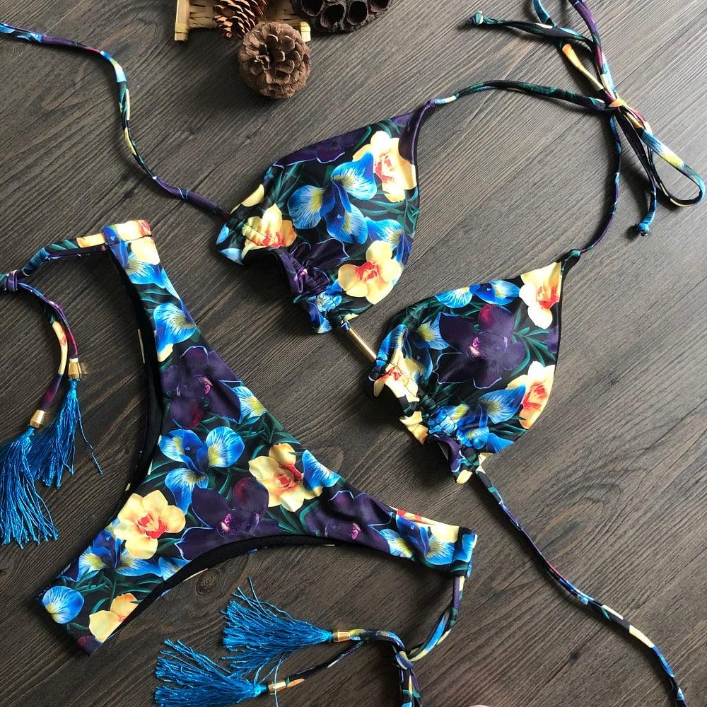 Popular Women's Beachwear Bikini Set Swimwear Push-Up Padded Swimsuit Floral Bikini Set Low Rise Ruffled Two Pieces Swimsuit Push Up Bathing Suit Swimwear