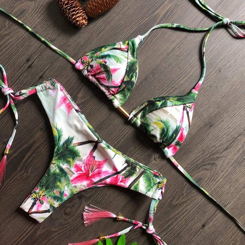 Popular Women's Beachwear Bikini Set Swimwear Push-Up Padded Swimsuit Floral Bikini Set Low Rise Ruffled Two Pieces Swimsuit Push Up Bathing Suit Swimwear