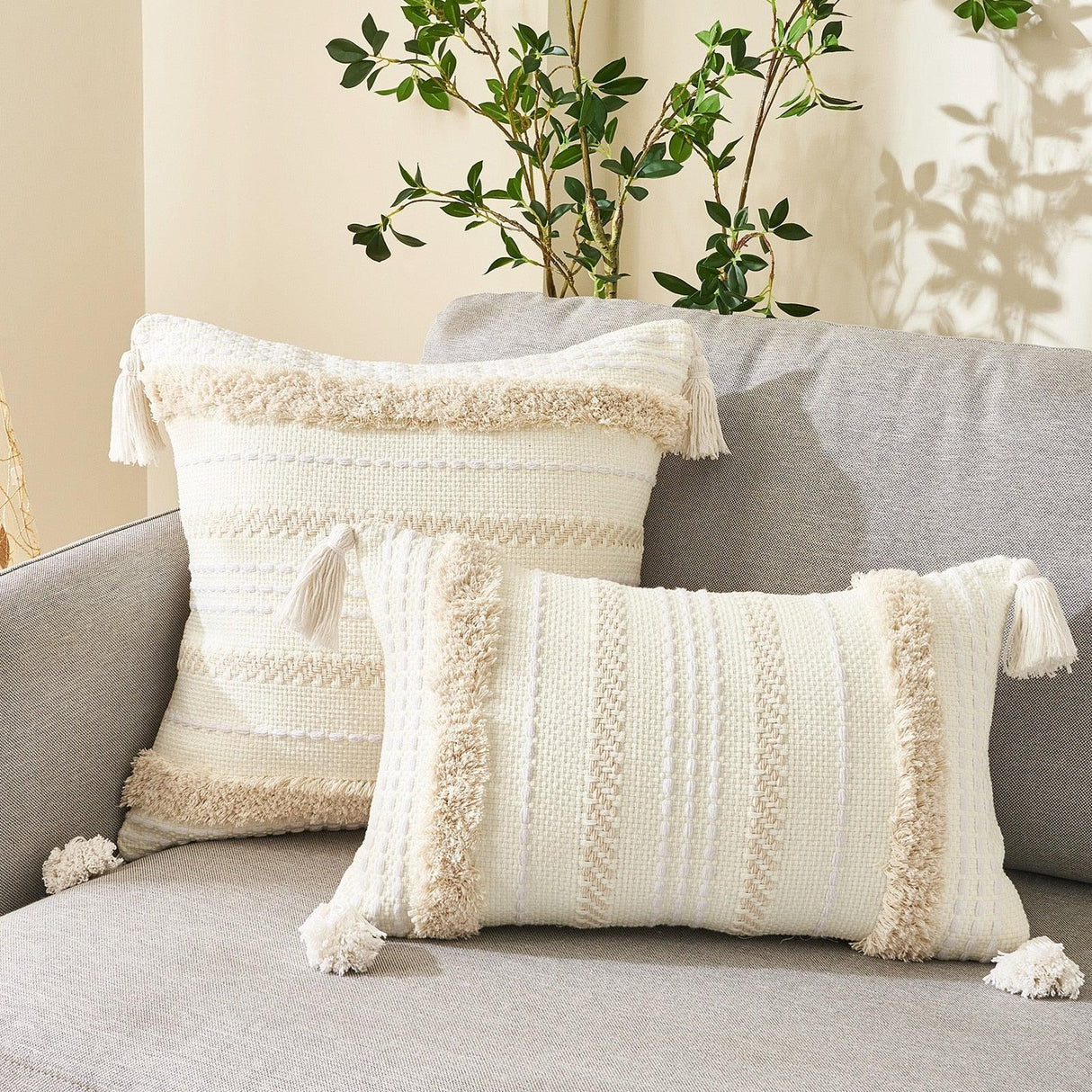 Cushion Cover Cotton Linen Pillowcase Tufted Beige Decorative Fashionable Cotton Hand-Woven Throw Pillow Covers Tufted Pillow Covers Bedroom Throw Pillow Cushion For Bed Home
