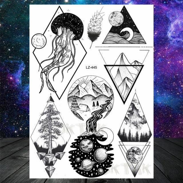Realistic Black Temporary Small Big Tattoos Space Planets Animals Tatoos Waterproof Face Hands Tattoos For Girls Mens