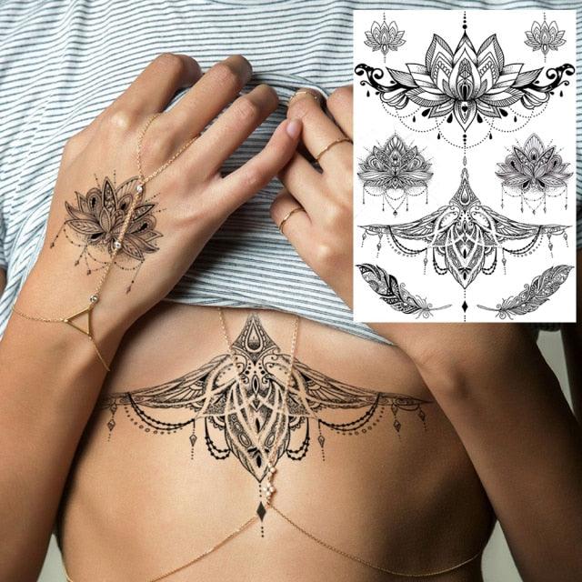 53 Sheets Black Lace Temporary Tattoos Sticker Butterfly Flower Fake Tatoo Sticker Sexy Black Henna Temporary Tattoos For Women