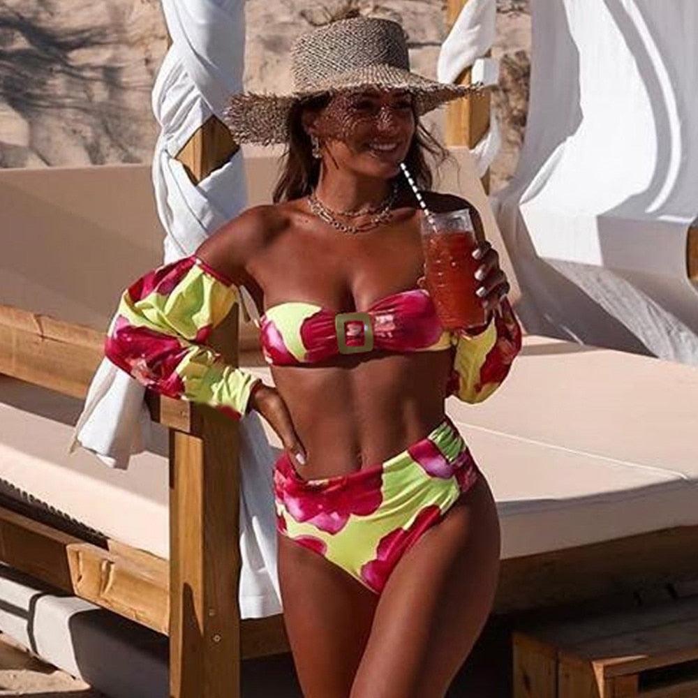 Trendy High Waist Bikini New Long Sleeve Swimsuit Women's Long Sleeve High Waist Off-Shoulder Swimwear Women Bubble Sleeve Bikinis Mesh Charming Beach Wear