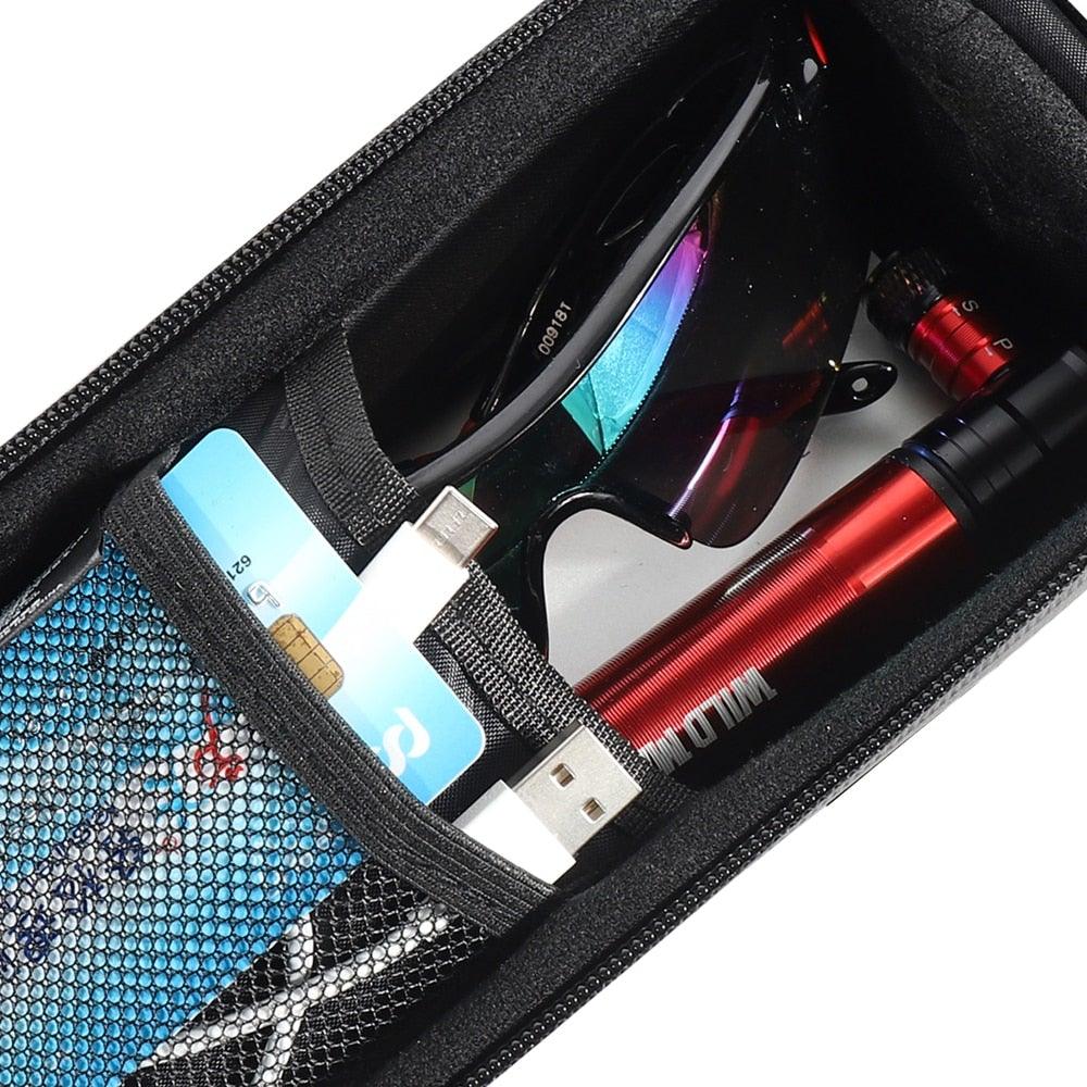 Black Bike Bag Frame Front Top Tube Cycling Bag Waterproof Phone Case Touchscreen Bag Pack Bicycle Accessories Bike Bicycle Bag Waterproof Bike Phone Mount Bag Front Frame Top Tube Handlebar Bag Touch Screen Holder Case For Cell Phones 6.6in