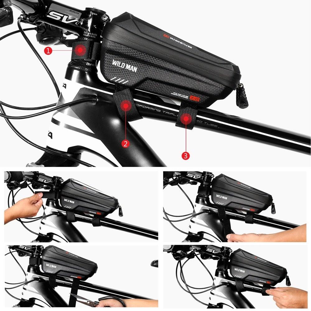 Black Bike Bag Frame Front Top Tube Cycling Bag Waterproof Phone Case Touchscreen Bag Pack Bicycle Accessories Bike Bicycle Bag Waterproof Bike Phone Mount Bag Front Frame Top Tube Handlebar Bag Touch Screen Holder Case For Cell Phones 6.6in