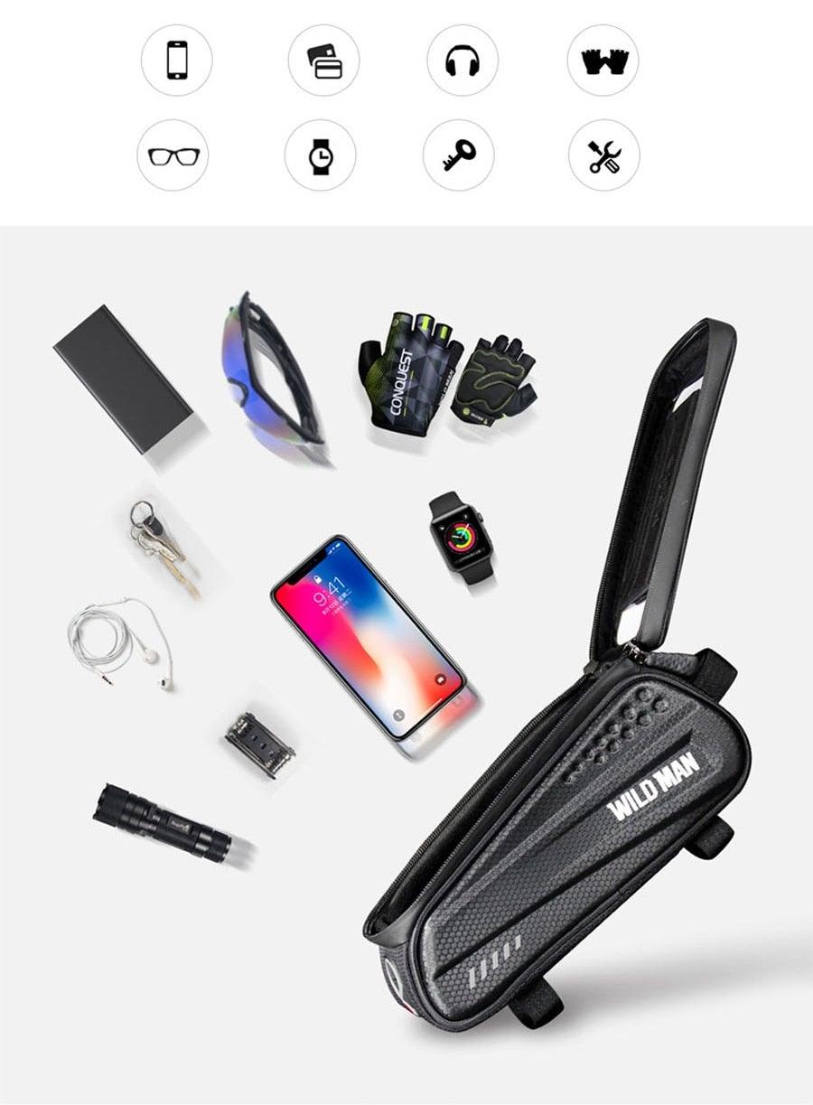 Black Bike Bag Frame Front Top Tube Cycling Bag Waterproof Phone Case Touchscreen Bag Pack Bicycle Accessories Bike Bicycle Bag Waterproof Bike Phone Mount Bag Front Frame Top Tube Handlebar Bag Touch Screen Holder Case For Cell Phones 6.6in