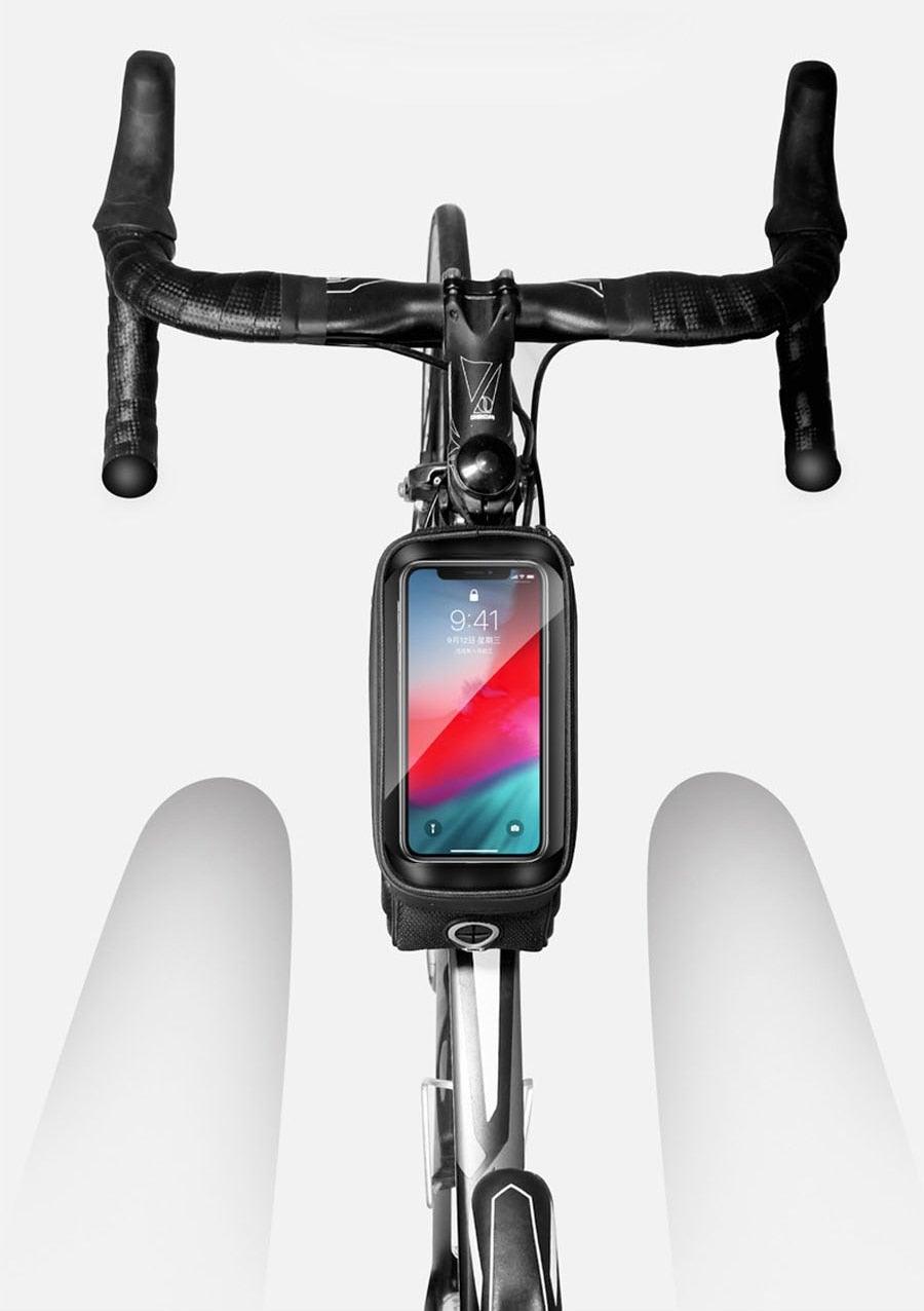 Black Bike Bag Frame Front Top Tube Cycling Bag Waterproof Phone Case Touchscreen Bag Pack Bicycle Accessories Bike Bicycle Bag Waterproof Bike Phone Mount Bag Front Frame Top Tube Handlebar Bag Touch Screen Holder Case For Cell Phones 6.6in