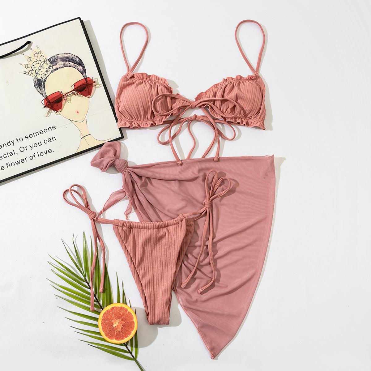 3PCS Ladies Split Swimwear Sets Women Swimsuit Women's Bikini Swimsuits Bikini Set With Wrap Skirt Underwire Swimwear Bathing Suit Chiffon Cover Up Bikini Ruffles Lace-up Mesh Cover Ups Bikinis Set