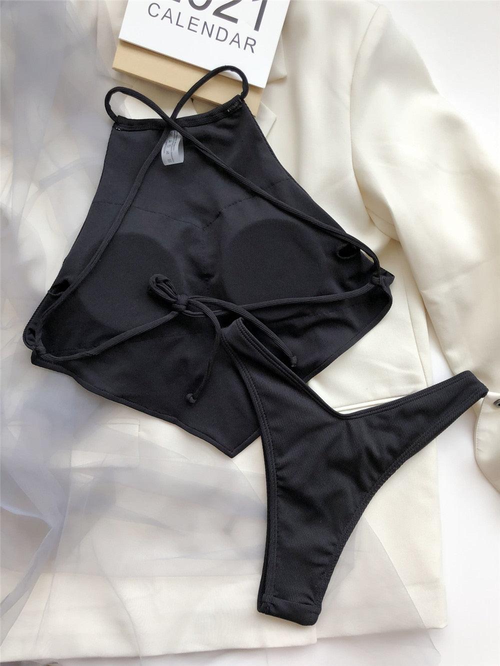 High Neck Swimwear Women Bikini Tied Top Swimsuit Female Brazilian Bikini Set Bathing Suit Swim Women's Bikini Set High Waist Scoop Collar Padded Swimsuit