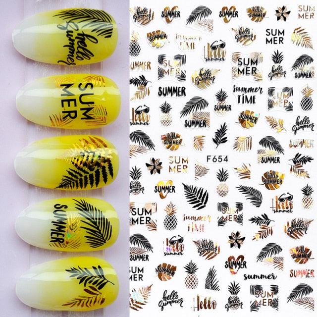 Summer Tropical Beach Coconut Tree Slippers 3D Nail Sticker Leaves Shell Transfer Decals Slider Decoration Manicures Tip Water Transfer Nail Decals Sticker For Pretty Girl Self-Adhesive Nail Decals Designer Nail Stickers for Acrylic